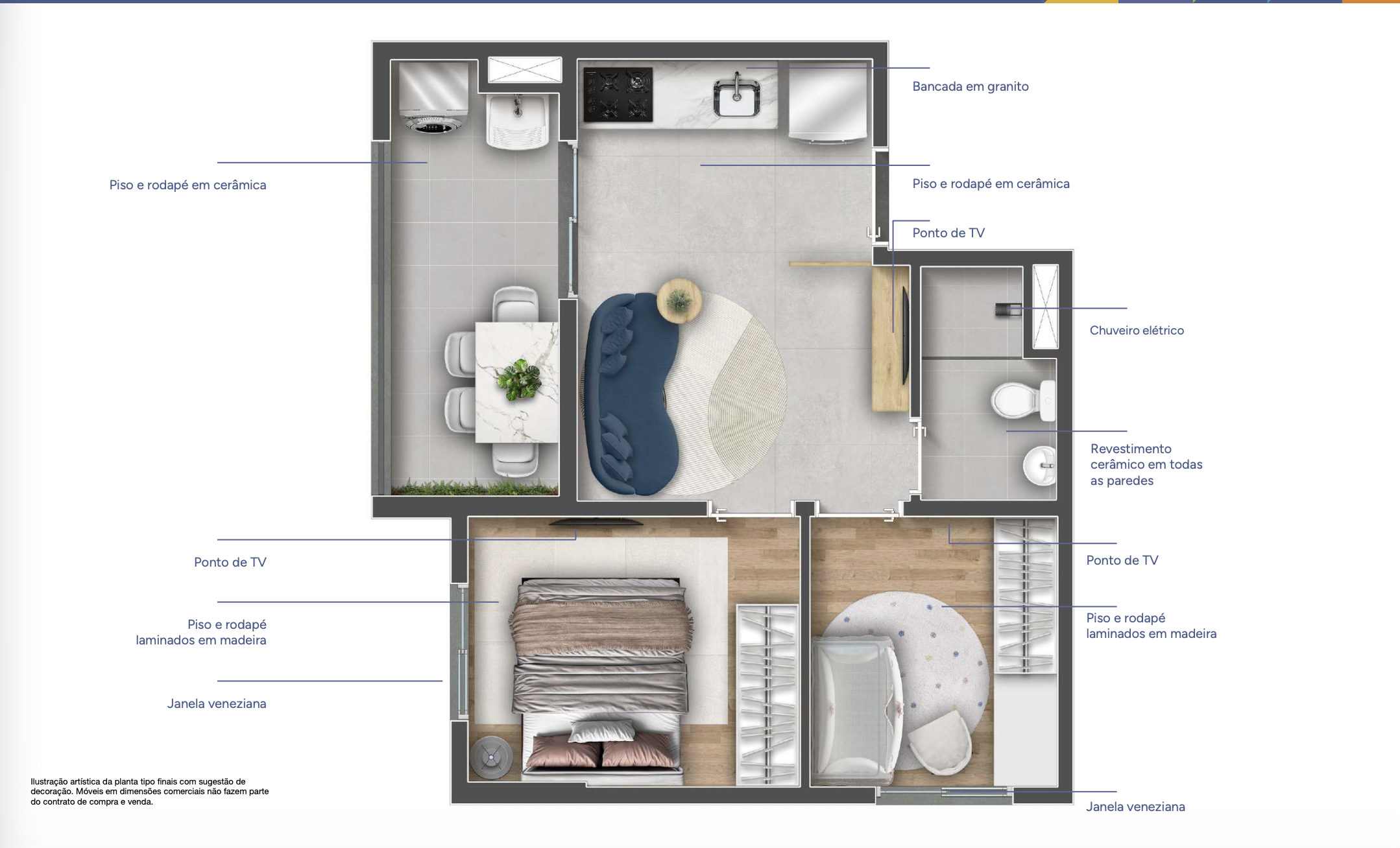 Planta baixa do apartamento de 2 dormitórios com sala integrada à cozinha, banheiro e varanda