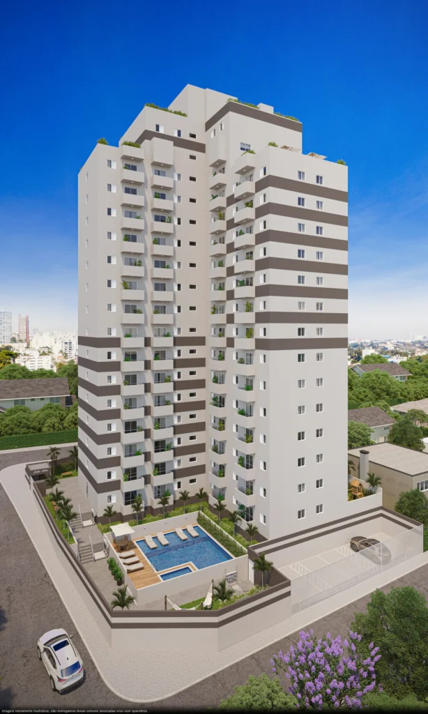 Fachada do Jardins da Anália Franco, torre residencial com piscina no térreo