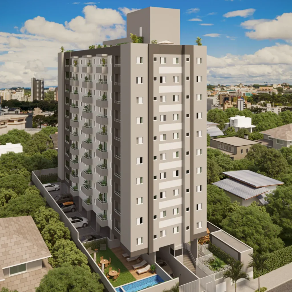 Fachada do Jardins de Mafra, torre residencial com área de lazer no térreo