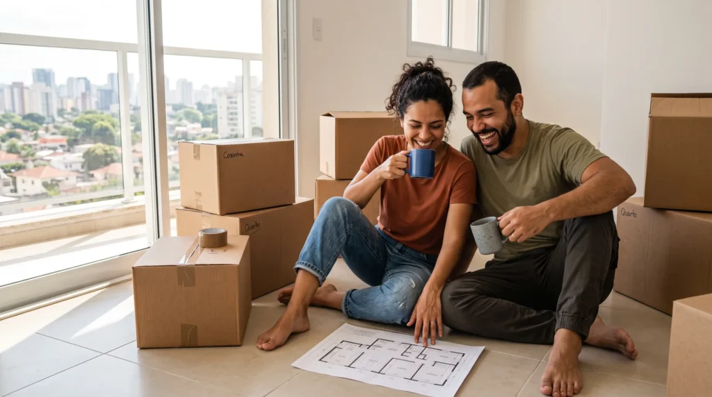 Casal jovem sentado no chão do apartamento novo, entre caixas de mudança, olhando a planta do imóvel