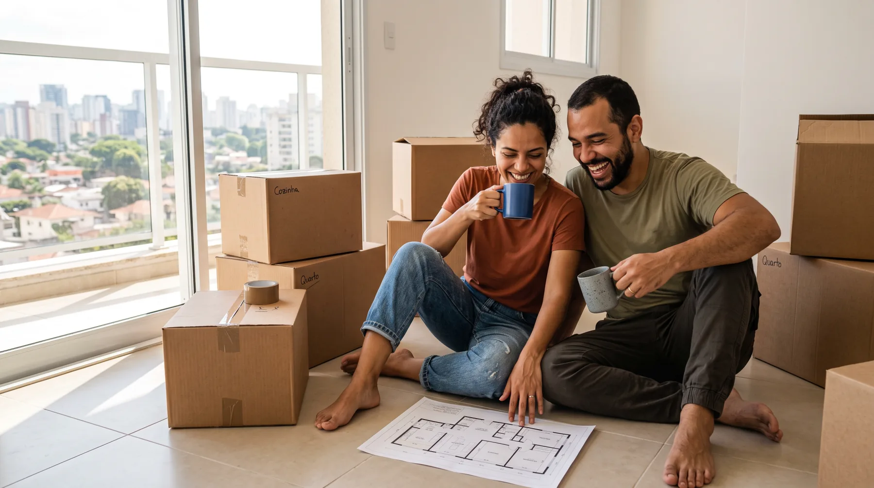 Casal jovem sentado no chão do apartamento novo, entre caixas de mudança, olhando a planta do imóvel