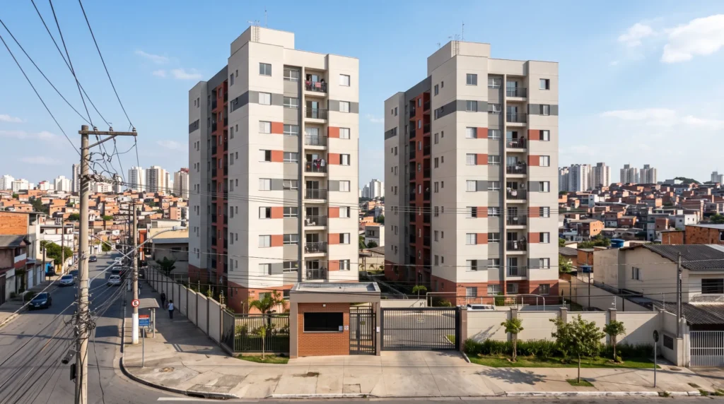 Torres de condomínio residencial do Minha Casa Minha Vida com o bairro da Zona Leste de São Paulo ao fundo