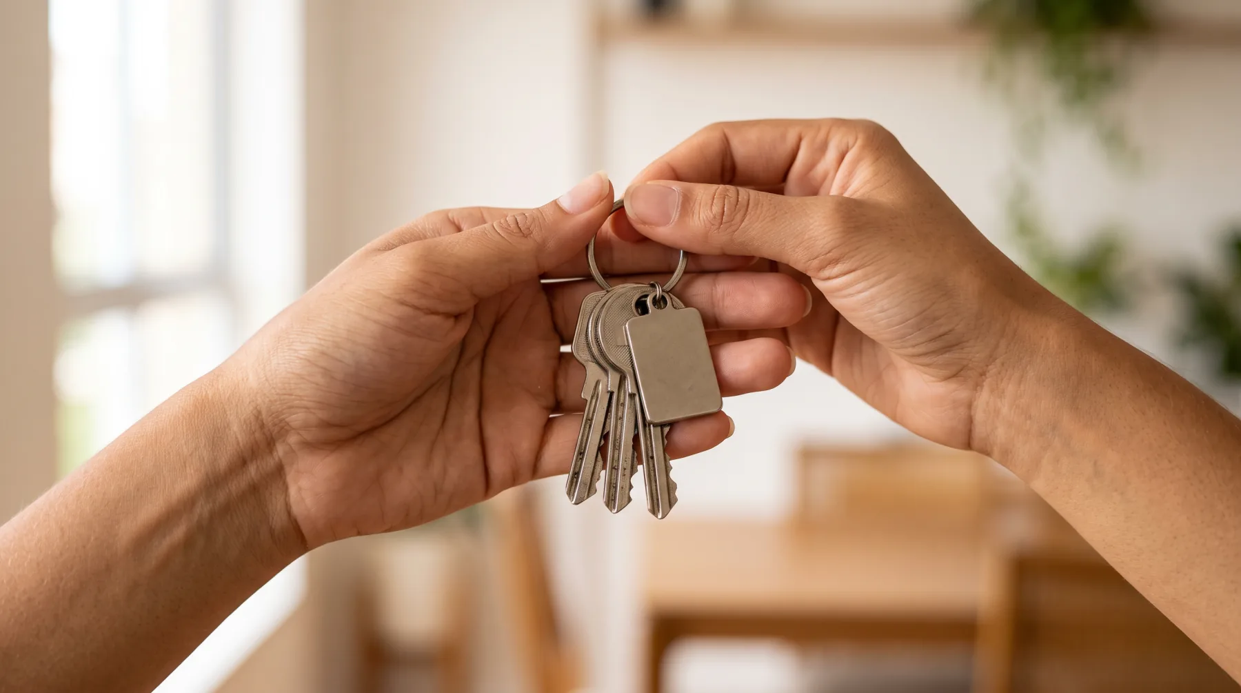 Entrega das chaves do apartamento, passando de uma mão para a outra