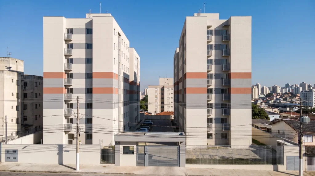 Fachada de duas torres de condomínio residencial popular em São Paulo, vistas da rua