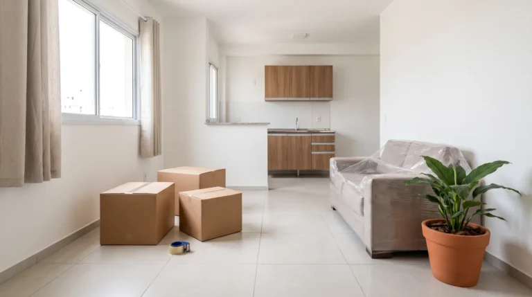 Sala de apartamento recém-entregue com caixas de mudança, sofá protegido e cozinha americana ao fundo