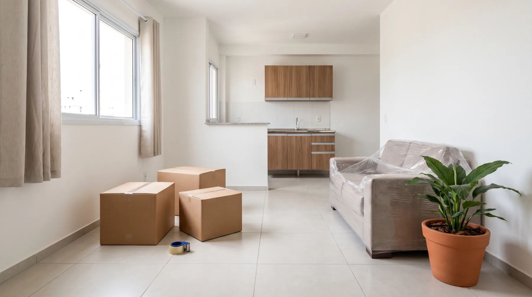 Sala de apartamento recém-entregue com caixas de mudança, sofá protegido e cozinha americana ao fundo
