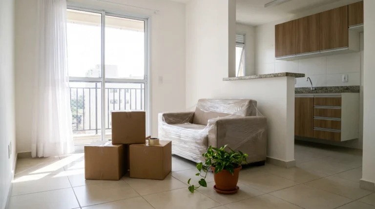 Sala de apartamento novo com varanda, caixas de mudança e cozinha americana