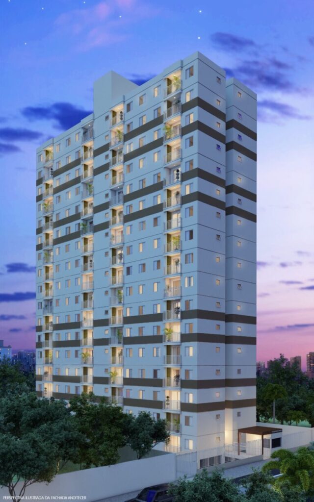 Fachada do Jardins da Figueira, torre residencial ao entardecer