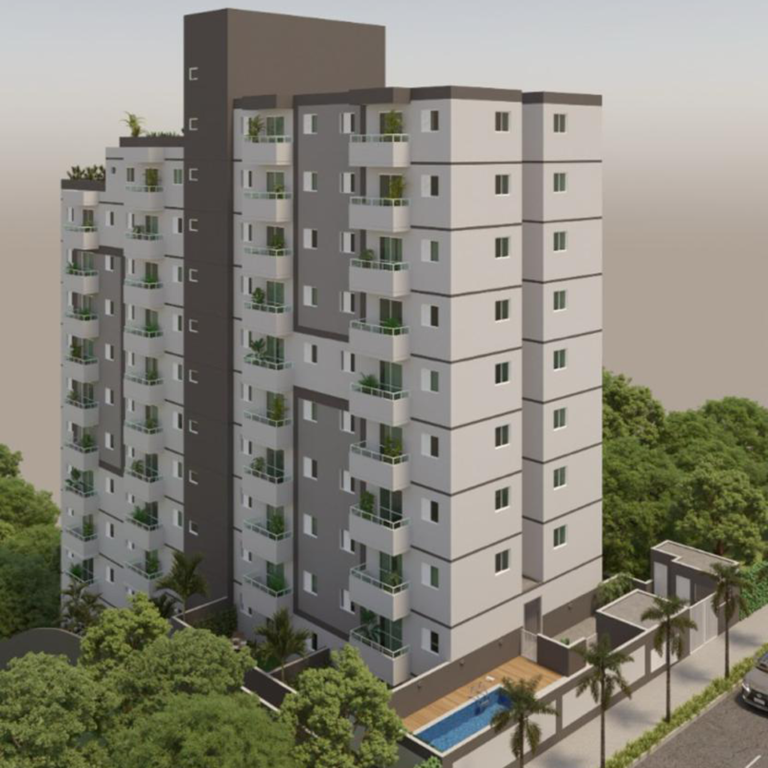 Fachada do Jardins de Fornos, torre residencial cercada de árvores