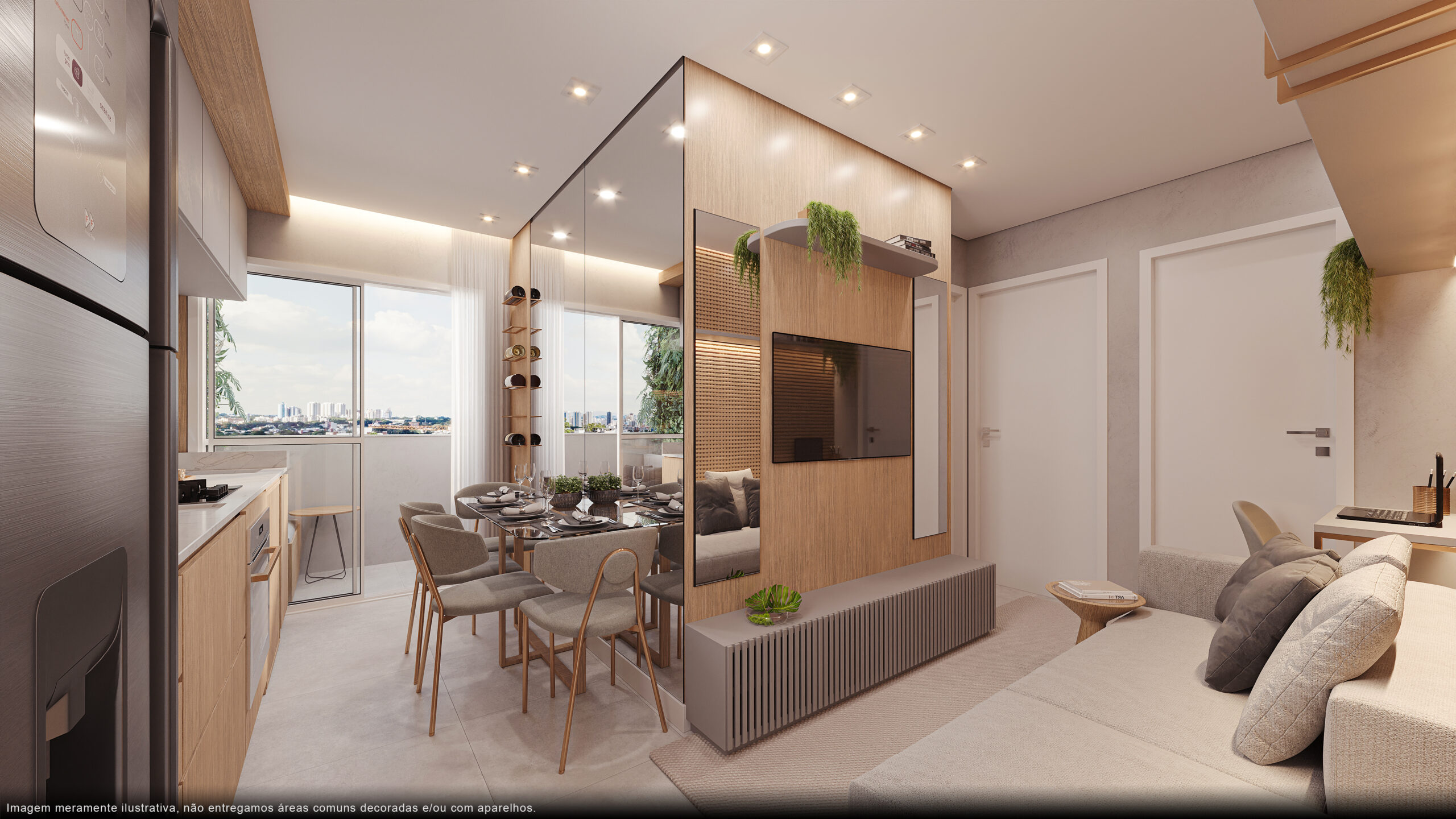 Sala integrada à cozinha no apartamento decorado do Jardins de Leiria