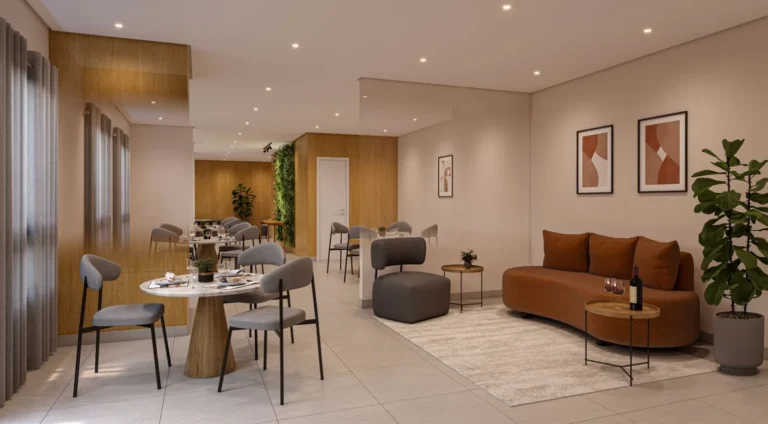 Espaço de estar e jantar no apartamento decorado do Regente Feijó